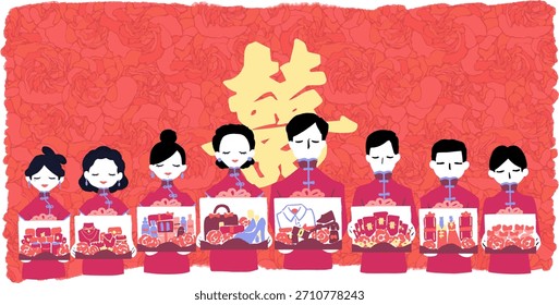 Proposal Ceremony Characters Holding Dowry Gifts Vector. Ideal for wedding invitations, cultural content, Chinese celebration themes, event guides, and heritage illustrations.