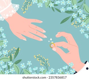 Proposal couple hands concept. Man in suit puts ring on woman in dress. Bride and groom, husband and wife at wedding ceremony. Love and romance, marriage. Cartoon flat vector illustration