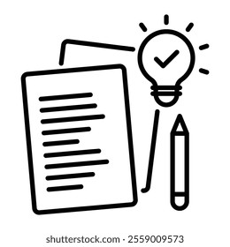 A proposal document with a light bulb featuring a checkmark inside, alongside a pen, symbolizing innovation and creativity, round line vector icon with editable stroke