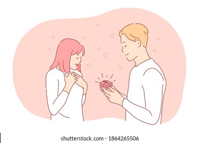 Proposal, engagement, couple togetherness concept. Young loving happy boyfriend cartoon character making proposal with ring in red box to surprised girlfriend. Couple enjoying time together 