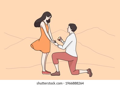 Proposal, engagement, dating concept. Man sitting on knee holding box with ring and making proposal to beloved woman on natural landscape outdoors vector illustration 