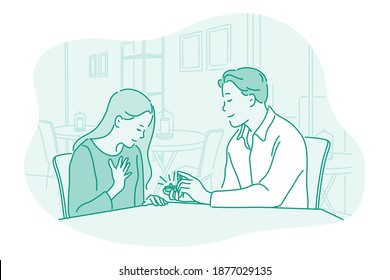 Proposal, engagement, relations concept. Young loving happy boyfriend cartoon character sitting and making proposal with ring in box to surprised girlfriend in restaurant. Couple dating 