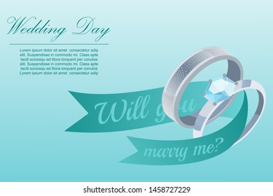 Proposal and engagement silver ring with diamond jewel vector illustration. Will you marry me poster template with blue background. Engagemet rings and blue ribbons.