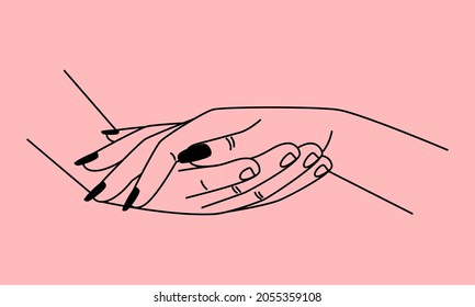 Proposal hands. Accept help woman hand on male palm line sketch, wedding deal proposing, gentle heliping lady palms, romantic engajment helping marriages emotional concept vector illustration