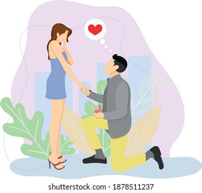 Proposal. Man loves woman. Guy makes girl an offer. Marriage proposal. Marry me. Love Engagement, Betrothal Proposal. Young Man Stand on Knee with Wedding Ring Making Offer to Woman Asking her Marry h