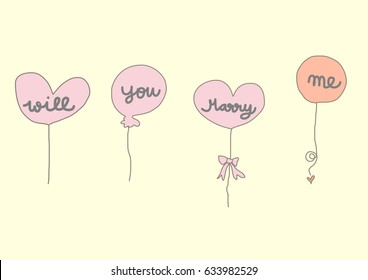 Proposal of marriage concept with heart- shape balloons floating and "will you marry me?" question written on each balloon. Vector illustration with hand-drawn style.