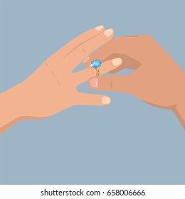 Proposal of marriage concept. Mans hand wearing wedding ring with huge shiny diamond on womans finger flat vector. Romantic precious gift on engagement or wedding ceremony illustration