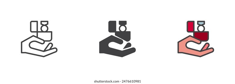 Vorschlag Heirat verschiedenen Stil Icon Set. Linie, Glyphe und gefüllte Umrissfarben, Umriss und gefüllte Vektorgrafik. Hand mit Ehering-Symbol, Logo-Illustration. Vektorgrafik-Grafiken