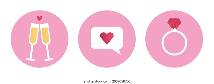Proposal of marriage icon set. Champaign glasses clinking, romantic message, diamond ring minimal flat style vector icon set. Happy Valentine day celebration, perfect date elements, love anniversary.