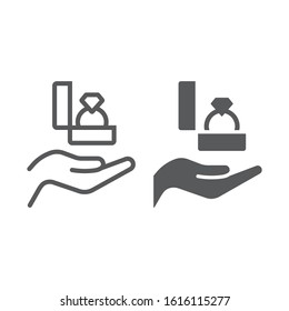 Proposal marriage line and glyph icon, valentine and holiday, ring on hand sign, vector graphics, a linear pattern on a white background, eps 10