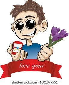 Proposal of marriage. A man asks a woman to marry him and gives her an engagement ring. Vector illustration in cartoon style