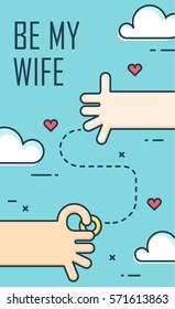 Proposal marriage. Thin line flat design banner for engagement day. Be my wife. Background with hands, ring and hearts. Vector.