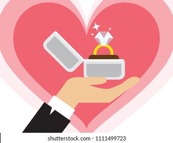 Proposal marriage, vector illustration flat design. Man is holding in hand an open box with a wedding ring and diamond.