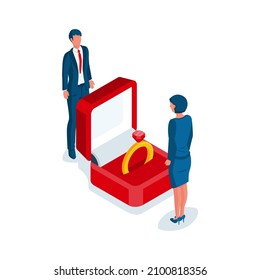 Proposal marriage. Vector illustration isometric 3d design. Man is holding in hand an open box with a wedding ring and diamond. A man makes an offer to a woman.