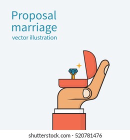 Proposal marriage, vector illustration minimal flat design. Man is holding in hand an open box with a wedding ring and diamond. Outline color.