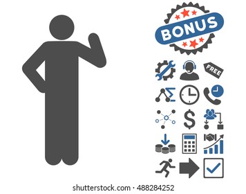 Proposal Pose icon with bonus pictogram. Vector illustration style is flat iconic bicolor symbols, cobalt and gray colors, white background.
