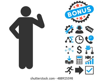 Proposal Pose icon with bonus pictures. Vector illustration style is flat iconic bicolor symbols, blue and gray colors, white background.
