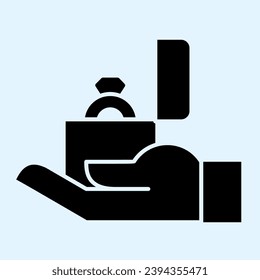 Proposal solid icon. Ring in box on hand, man offering marriage for lady. Wedding asset vector design concept, glyph style pictogram on white background, use for web and app. Eps 10