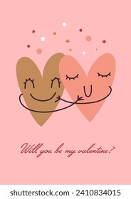 Proposal Valentine's Day heart hug cuddle embracing cute pink postcard vector illustration holiday celebration 14 February.