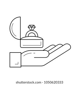 Proposal vector line icon isolated on white background. Human hand with box with engagement ring - proposal line icon for infographic, website or app.
