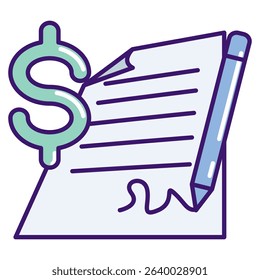 Proposal Writing icon represented by paper, pen, money Lineal Color style.
