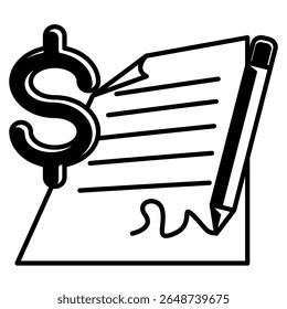 Ícone de Redação de Proposta representado por papel, caneta, dinheiro Estilo de preenchimento preto.
