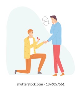 Proposal . A young man invites his partner to marry. Gay couple. Vector illustration in hand drawn flat style