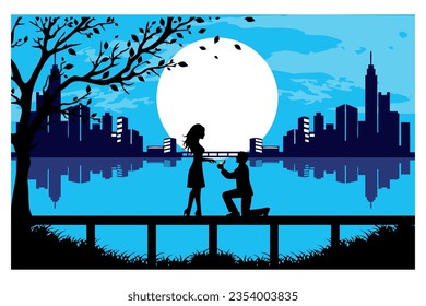 
propose to girlfriend on the city park bridge
on a clear night under the full moon, with blue sky light,trees,buildings,city,lake,valentines card,night sky and blue background,silhouette,vector,illus