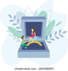 Propose. Man is proposing a woman. Proposal with a ring. Concept illustration for Valentines Day. Happily ever after. Vector illustration in flat style.