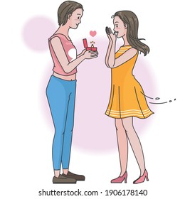 Propose marriage. Females or lesbian couples. Hand drawn style of vector.