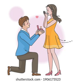 Propose marriage. Man and woman couples. Hand drawn style of vector.