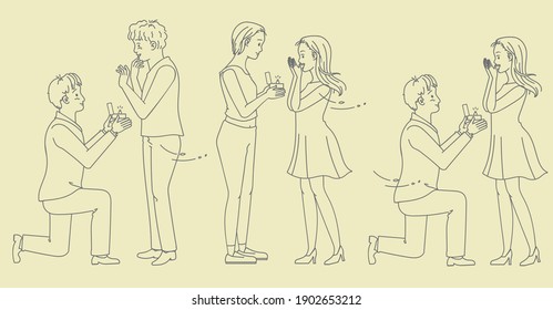 Propose marriage set. Various couples. Gay couples, Females or lesbian couples, Man and woman couples. Hand drawn style of vector.