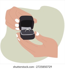 propose with a ring. Hand holds engagement ring with pink stone or diamond, 