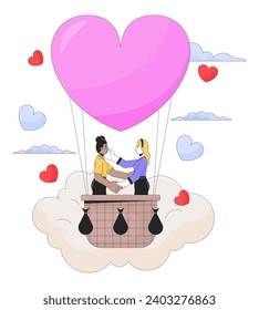 Proposing in hot air ballooning 2D linear illustration concept. Lesbian couple interracial cartoon characters isolated on white. Honeymoon celebration metaphor abstract flat vector outline graphic