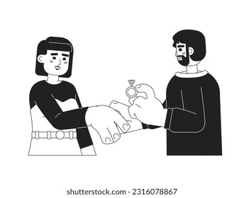 Proposing with ring monochrome concept vector spot illustration. Happy engaged couple 2D flat bw cartoon characters for web UI design. Marriage proposal excited isolated editable hand drawn hero image