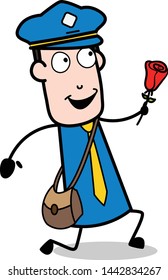 Proposing with Rose - Retro Postman Cartoon Courier Guy Vector Illustration