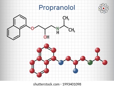 Propranolol Molecule. It Is Synthetic, Nonselective Beta Blocker, Used To Treat For Hypertension Sheet Of Paper In A Cage. Vector Illustration