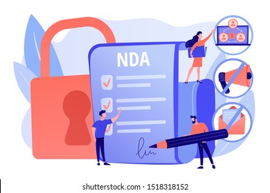 Proprietary information document. NDA contract. Nondisclosure agreement, confidentiality agreement form, confidential disclosure agreement concept. Pink coral blue vector isolated illustration