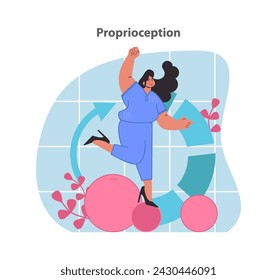 Proprioception illustration. A woman demonstrates balance and body awareness, highlighting the kinesthetic sense. Coordination and spatial orientation. Flat vector illustration.