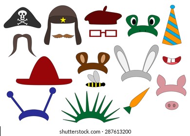 Props. Mask. Photo booth and scrapbooking vector set ( pirate, mustache, USSR, artist, toad, cone, Mexican, bear, hare,  pig)