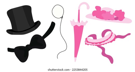 The props for the photo shoot are a hat, a monocle, a butterfly for a gentleman and a hat, a collar and an umbrella for a lady highlighted on a white background. A set for birthday, party and wedding.