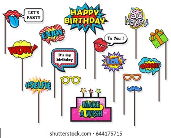 Props for photos Booth on Happy Birthday party, featuring cute and funny costume, doodle comic speech bubble on isolated white background. Vector illustration collection.