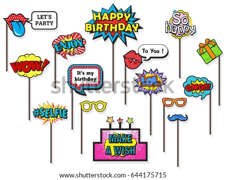 Props for photos Booth on Happy Birthday party, featuring cute and funny costume, doodle comic speech bubble on isolated white background. Vector illustration collection. Foto d'archivio © 
