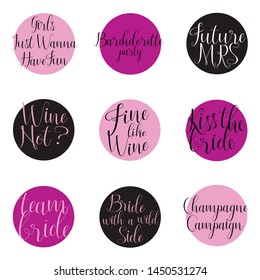 Props for photos on hen parties and weddings featuring cute and funny phrases. Photobooth vector set for party. Black and Pink