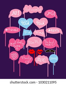 Props for photos on weddings featuring cute and funny phrases. Vector