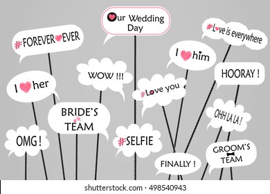 Props for photos on weddings featuring cute and funny phrases isolated on gray background. vector.
