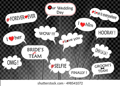 Props for photos on weddings featuring cute and funny phrases isolated on transparent background with warm Light effect. Vector illustration.