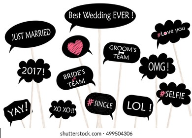 Props for photos on weddings featuring cute and funny phrases isolated on white background.