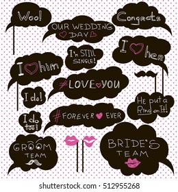 Props for photos on weddings featuring cute and funny phrases isolated on white background. props vector