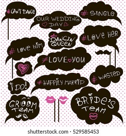 Props for photos on weddings featuring cute and funny phrases isolated on white background. props vector